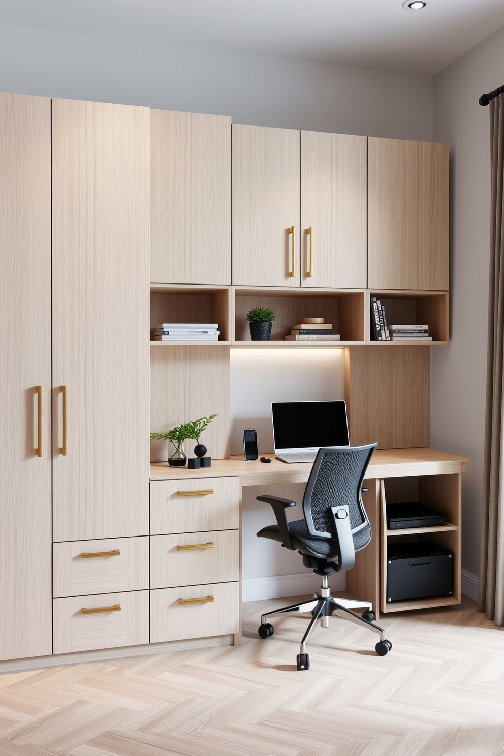 Stylish storage cabinets with clean lines. The cabinets are made of light wood with a matte finish, featuring sleek handles and open shelving for decorative items. Modern home office design ideas for small spaces. The workspace includes a compact desk with a minimalist design, a comfortable ergonomic chair, and wall-mounted shelves to maximize the area.