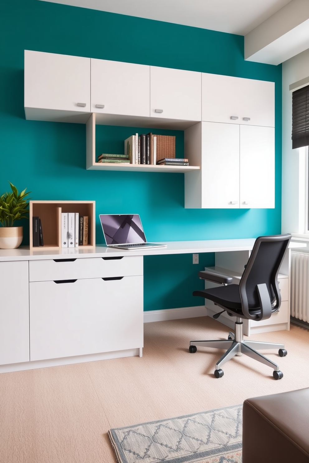 Bright accent wall for visual interest. The wall is painted in a vibrant teal color, contrasting with the neutral tones of the surrounding walls and furniture. Modern home office design ideas for small spaces. A sleek desk with integrated storage is positioned against the wall, complemented by a stylish ergonomic chair and a wall-mounted shelving unit for organization.