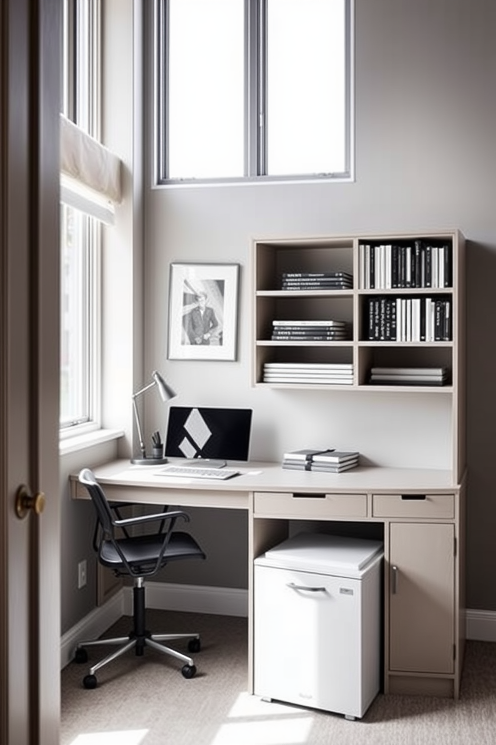 A modern home office featuring a sleek desk that doubles as a bookshelf. The room is brightened by large windows and accented with a comfortable chair that folds away when not in use. The walls are painted in a soft gray tone to create a calming atmosphere. A compact filing cabinet fits neatly under the desk, providing ample storage without sacrificing space.