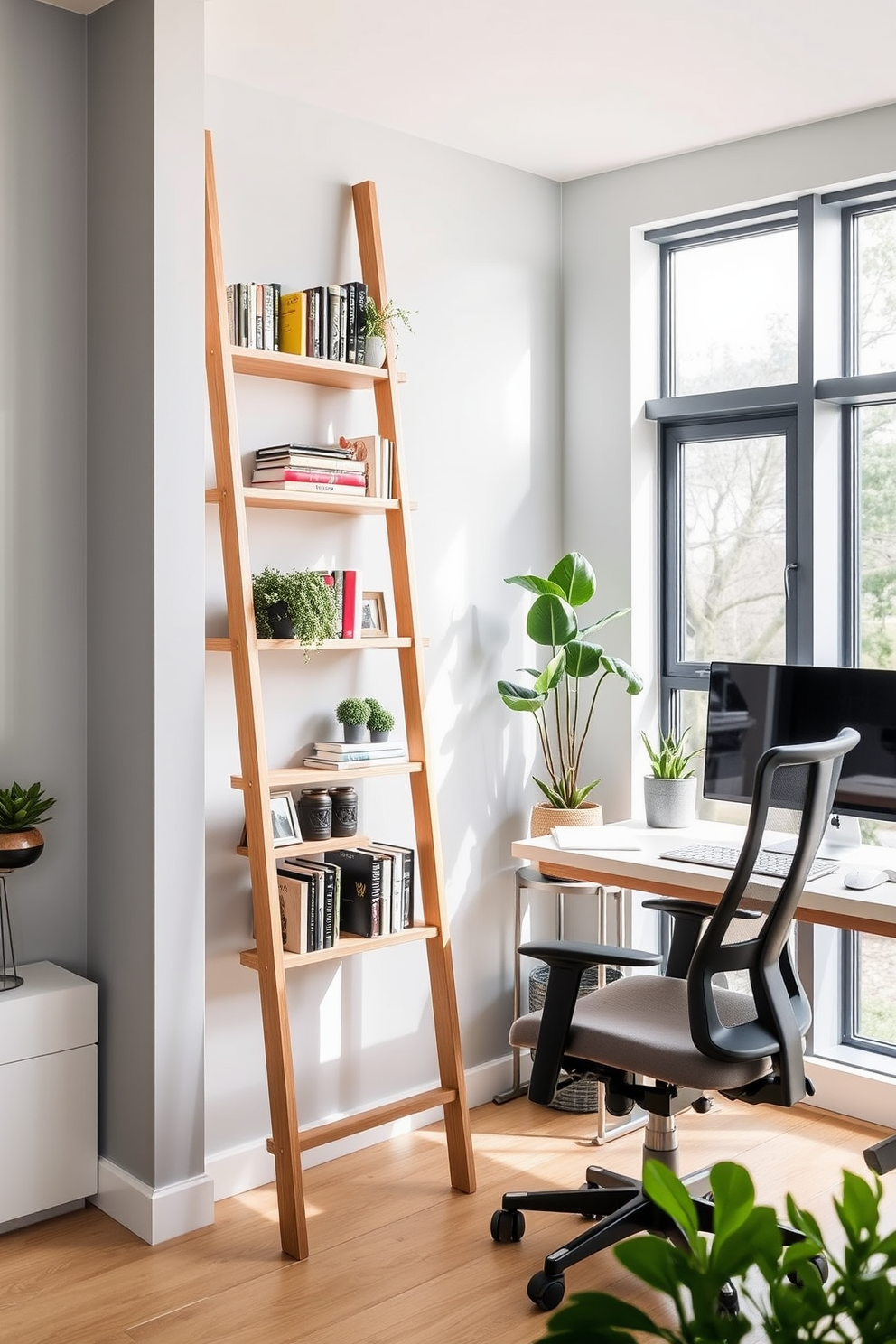 A stylish ladder shelf made of natural wood leans against a light gray wall. It holds a collection of books, decorative plants, and framed photos, creating an organized yet inviting atmosphere. The modern home office features a sleek desk with clean lines and a comfortable ergonomic chair. Large windows allow natural light to flood the space, complemented by minimalist decor and smart storage solutions for small spaces.