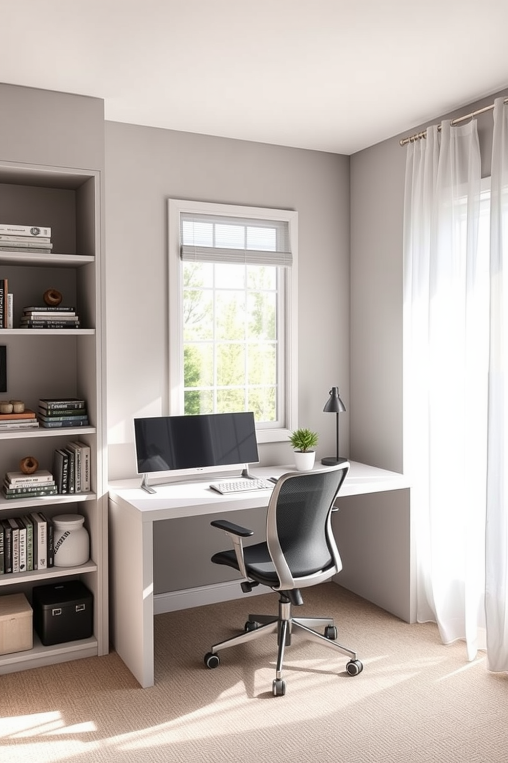 A modern home office designed for small spaces features a sleek desk positioned near a large window that invites ample natural light. The walls are painted in a soft gray, complemented by minimalist shelving that holds books and decorative items. Sheer window treatments allow sunlight to filter in gently, creating a warm and inviting atmosphere. A comfortable ergonomic chair sits at the desk, while a small potted plant adds a touch of greenery to the workspace.