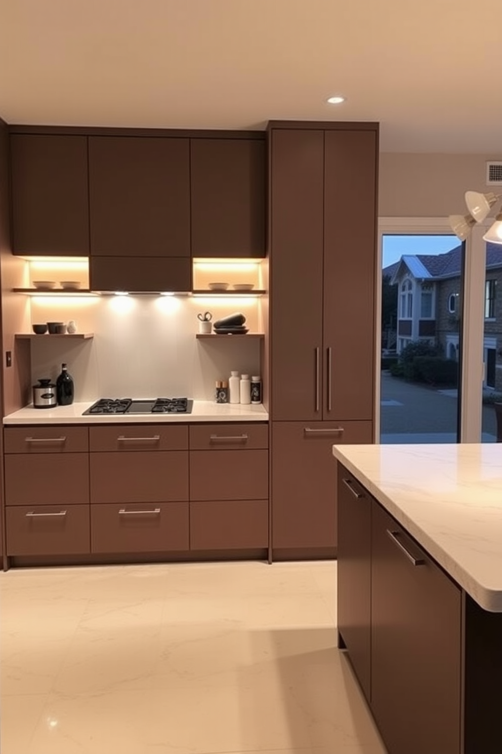 A modern kitchen with integrated appliances that blend seamlessly into the cabinetry. The sleek design features a large island with a waterfall countertop and minimalist bar stools. The cabinetry is finished in a soft matte white with brushed nickel hardware. Large windows allow natural light to flood the space, enhancing the open and airy feel.