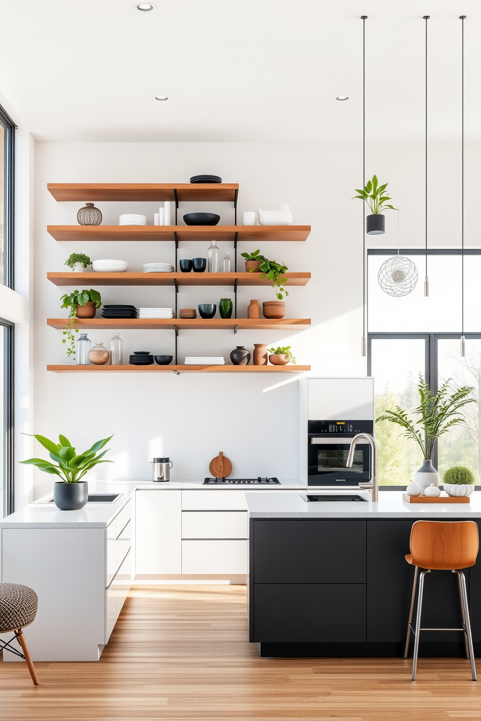 A modern kitchen design featuring floating shelves that create a spacious and airy atmosphere. The shelves are filled with stylish dishware and decorative plants, enhancing the overall aesthetic of the room. The kitchen includes sleek cabinetry with a minimalist design and a large island that serves as both a cooking and dining area. Natural light floods in through large windows, highlighting the contemporary finishes and inviting ambiance.