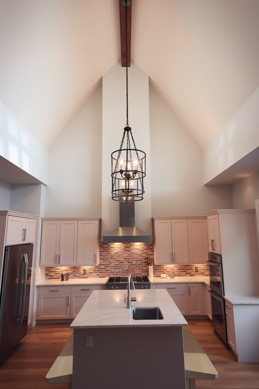 A large kitchen island with a sleek quartz countertop serves as the centerpiece for entertaining guests. Surrounding the island are high-backed bar stools in a stylish fabric, creating an inviting space for social gatherings. The kitchen features modern cabinetry in a glossy white finish, complemented by stainless steel appliances. Pendant lights hang above the island, providing warm illumination and enhancing the contemporary design.