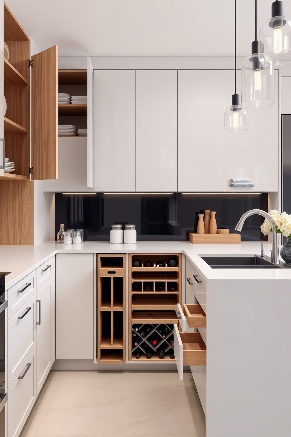 A modern kitchen design featuring smart storage solutions that maximize space efficiency. The cabinetry includes pull-out shelves and hidden compartments, ensuring a clutter-free environment. The kitchen island is equipped with additional storage drawers and a built-in wine rack. Sleek countertops in a light color complement the minimalist aesthetic, while stylish pendant lights provide illumination.