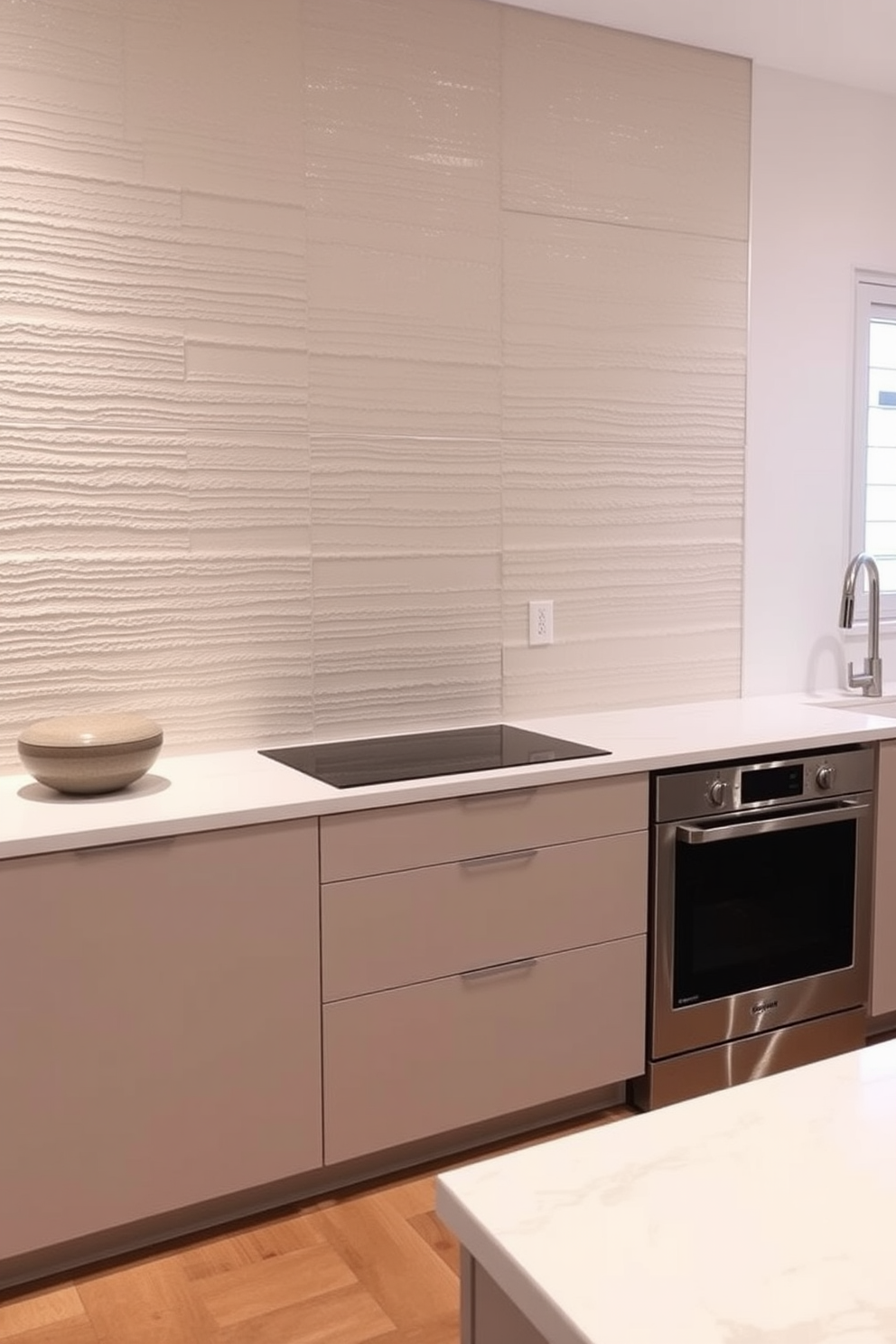 Textured wall panels create a stunning focal point in a modern kitchen. The panels are finished in a soft neutral tone, complementing sleek cabinetry and stainless steel appliances.