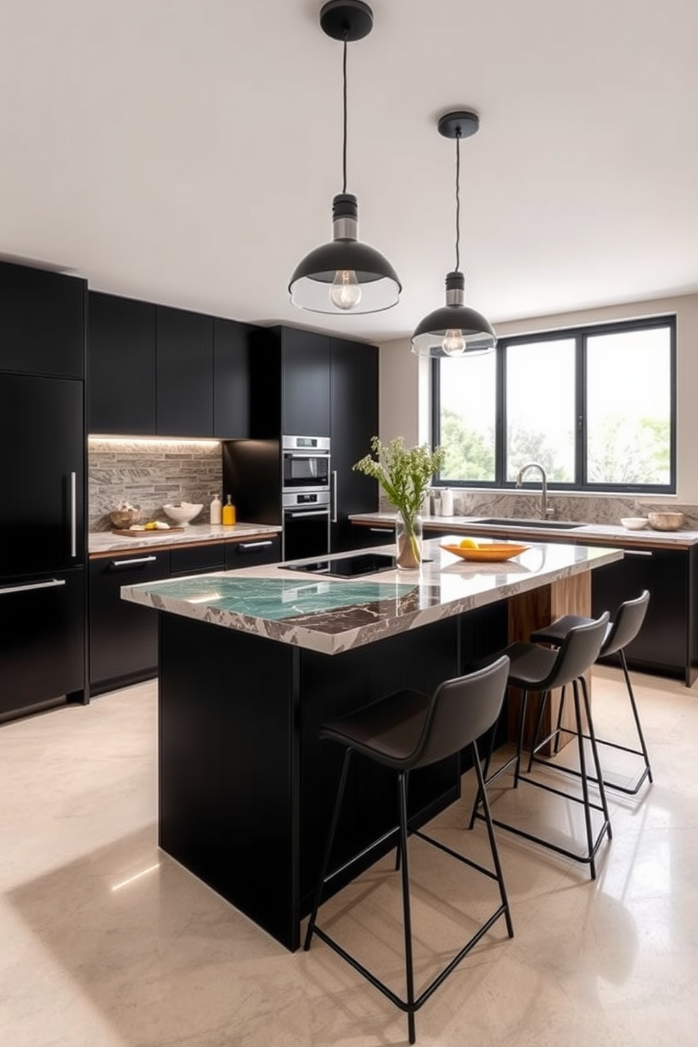 A modern kitchen design featuring mixed materials that create a unique and inviting atmosphere. The cabinetry combines sleek matte black finishes with warm wood accents, while the countertop showcases a stunning blend of quartz and recycled glass. An oversized island serves as the centerpiece, topped with a waterfall edge and accented by stylish bar stools. Industrial-style pendant lights hang above, illuminating the space and enhancing the contemporary feel.