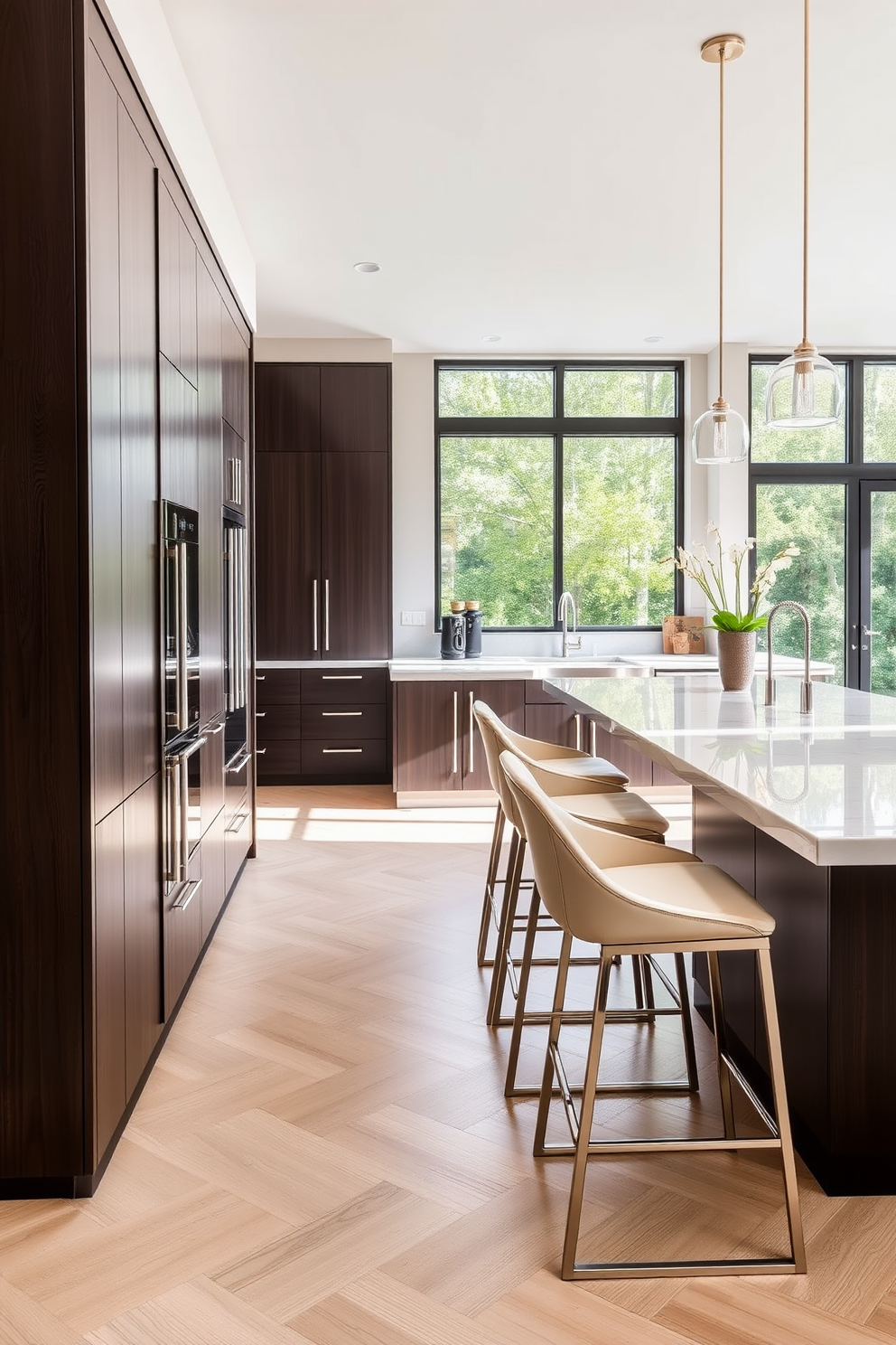 Contemporary bar stools with sleek lines and plush upholstery are arranged around a large kitchen island. The stools feature a metallic finish that complements the overall modern aesthetic of the kitchen design. The kitchen boasts an open layout with high-end appliances and minimalist cabinetry. Natural light floods the space through large windows, highlighting the elegant finishes and inviting atmosphere.