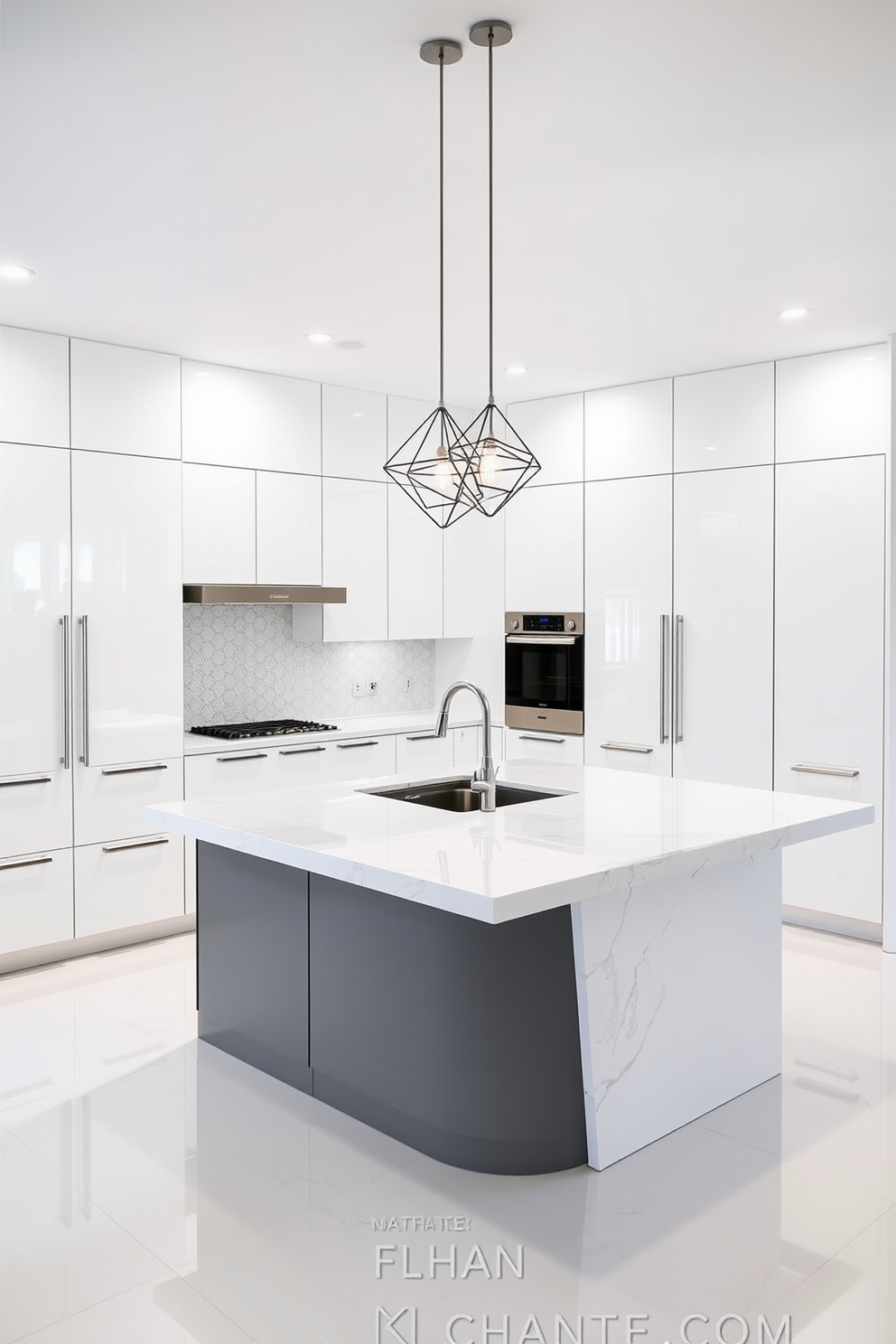 A modern kitchen design features crisp lines and geometric shapes that create a sleek and functional space. The cabinetry is minimalist with a high-gloss finish, complemented by a large island with a waterfall countertop made of quartz. Stainless steel appliances are seamlessly integrated into the design, enhancing the contemporary feel. Pendant lights with geometric designs hang above the island, providing both illumination and a stylish focal point.