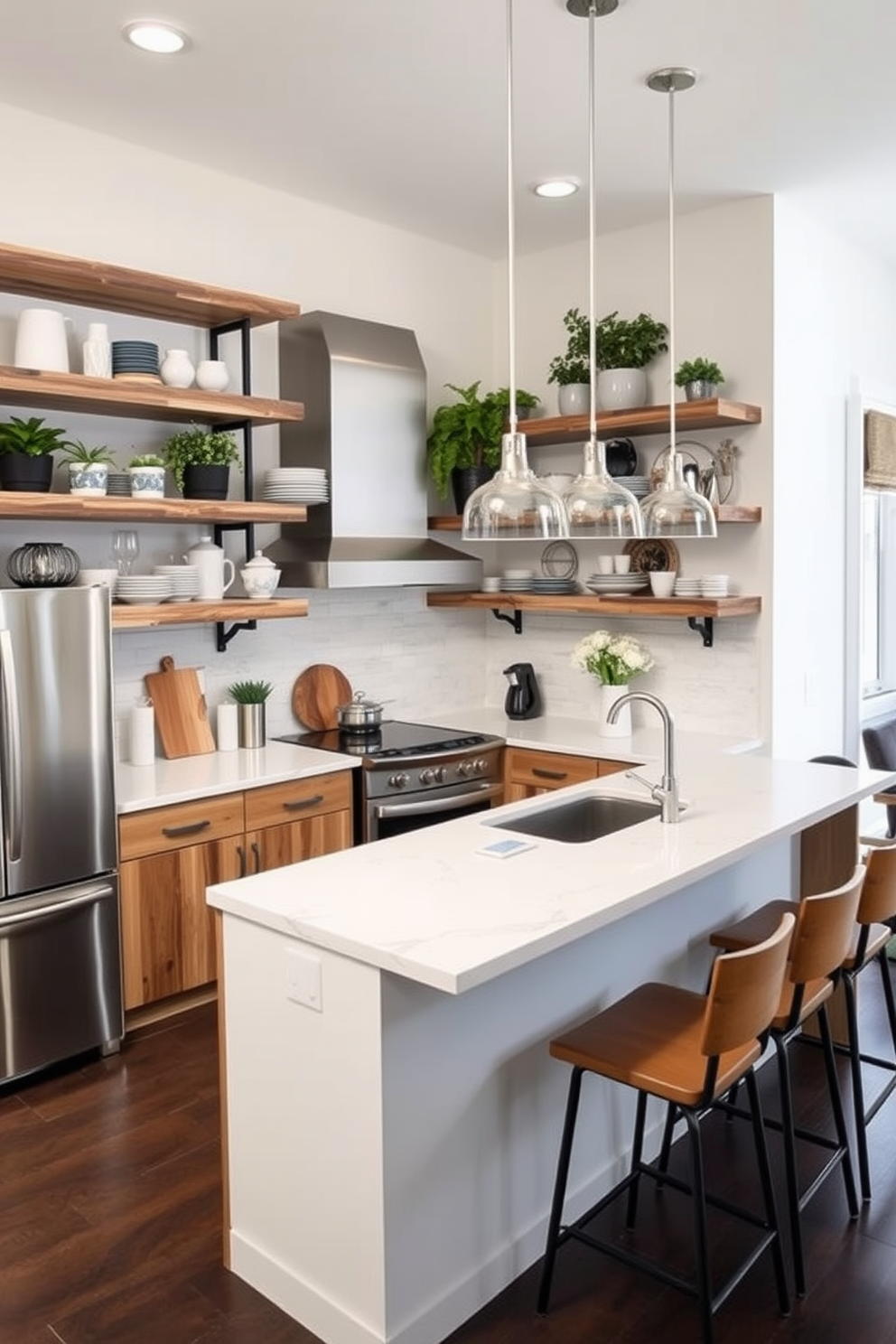 A modern kitchen featuring open shelving that provides easy access to kitchen essentials. The shelves are made of reclaimed wood, displaying an array of stylish dishware and decorative plants. The kitchen island is central to the design, topped with a sleek quartz surface and equipped with bar stools for casual dining. Stainless steel appliances complement the overall aesthetic, while pendant lights hang elegantly above the island.