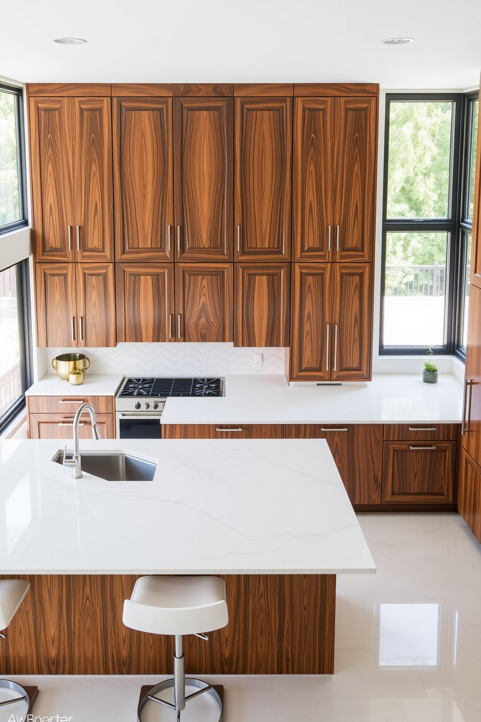 Custom cabinetry that showcases unique wood finishes and intricate detailing. The kitchen features an open layout with a large island at the center, complemented by stylish bar stools. Sleek countertops in a light quartz material enhance the modern aesthetic. Large windows allow natural light to flood the space, highlighting the elegant design elements.