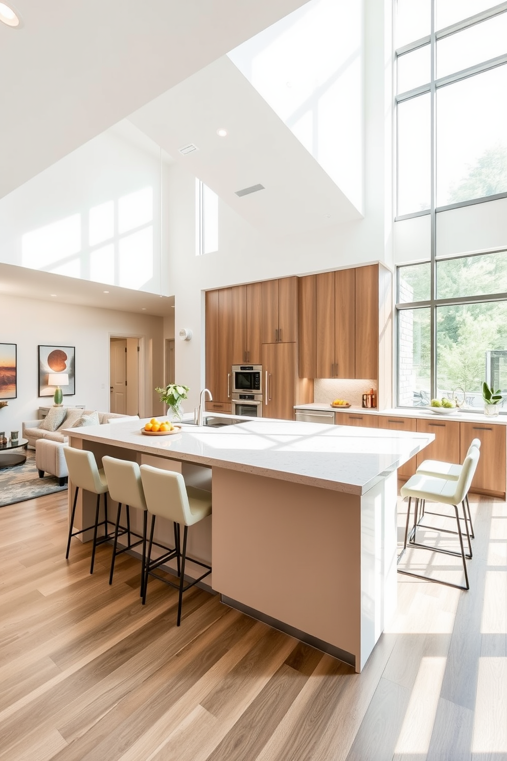 A modern kitchen with large windows allowing abundant natural light to flood the space. The design features sleek cabinetry in a soft matte finish with a spacious island at the center, topped with a beautiful quartz countertop.