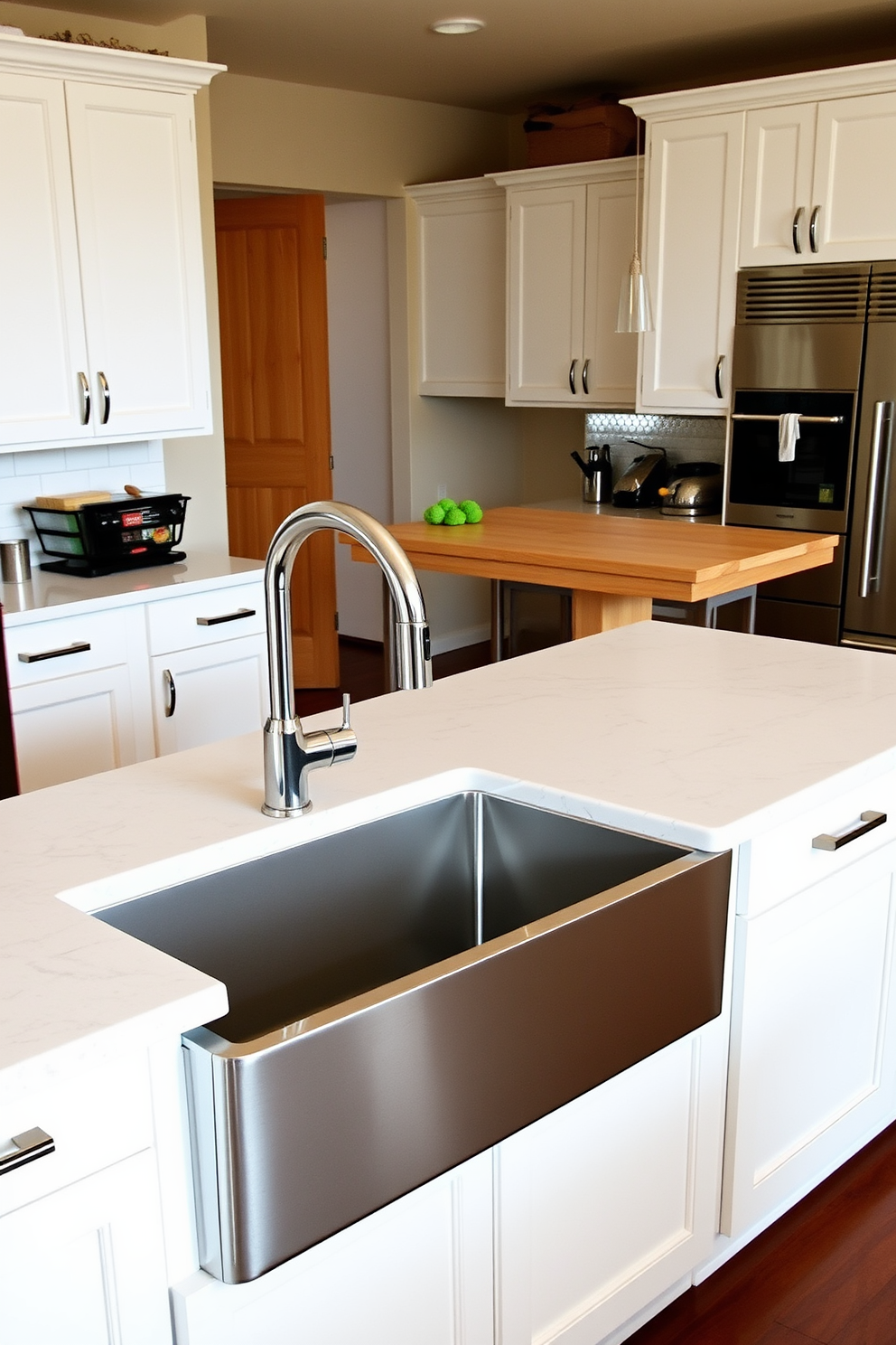 A modern kitchen featuring sleek cabinetry with integrated smart home technology. The countertops are made of quartz with an under-mount sink and a touchless faucet, while smart appliances are seamlessly integrated into the design. The kitchen island serves as a multifunctional space with bar seating and built-in charging stations. Ambient lighting is strategically placed to highlight the open layout and enhance the overall aesthetic.