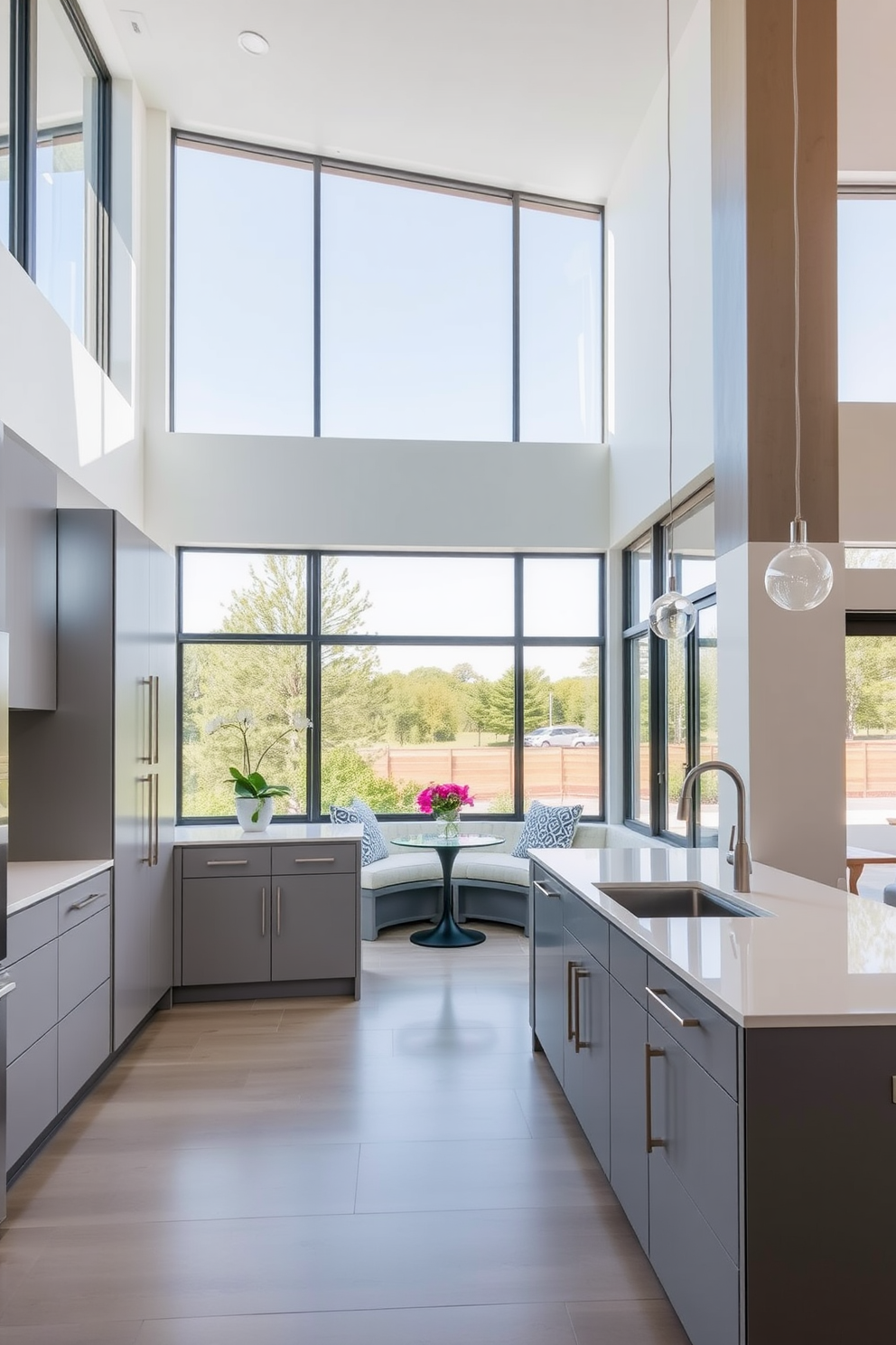 Contemporary dining area with sleek lines. The table is a rectangular design in a dark wood finish, surrounded by upholstered chairs in a light fabric. Modern kitchen design ideas. The cabinetry features a high-gloss white finish, complemented by stainless steel appliances and a large island with a quartz countertop.