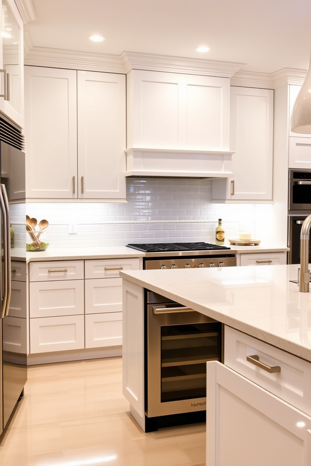 A modern kitchen featuring soft close drawers that add a touch of quiet elegance. The cabinetry is a sleek white with brushed nickel handles, complemented by a large central island topped with a stunning quartz countertop. The backsplash is a glossy subway tile that reflects light beautifully, enhancing the bright atmosphere. Stainless steel appliances provide a contemporary touch, while under-cabinet lighting creates a warm and inviting ambiance.