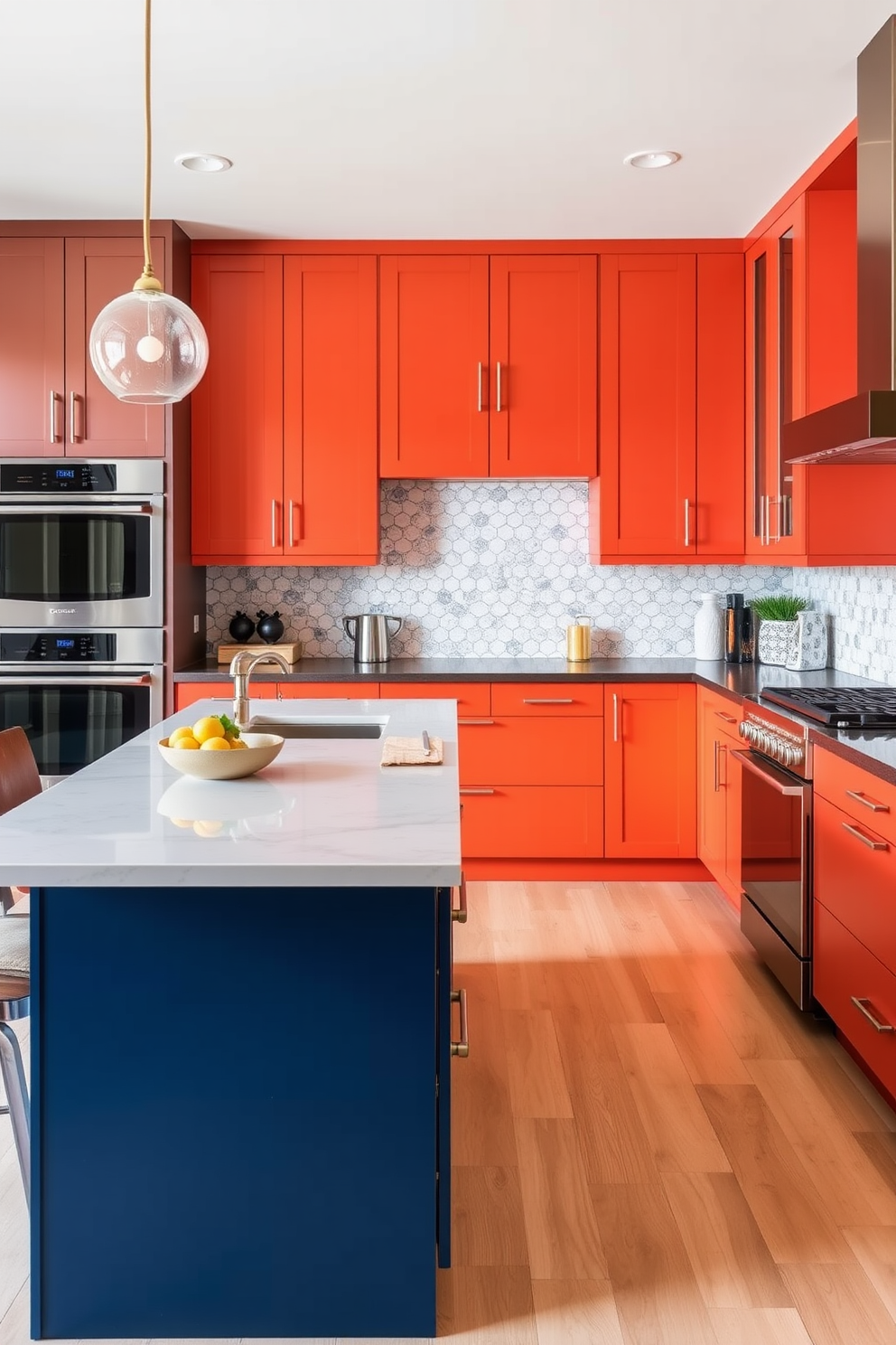 A modern kitchen featuring bold color cabinetry that serves as a statement piece. The cabinetry is complemented by sleek stainless steel appliances and a large central island with a contrasting countertop.