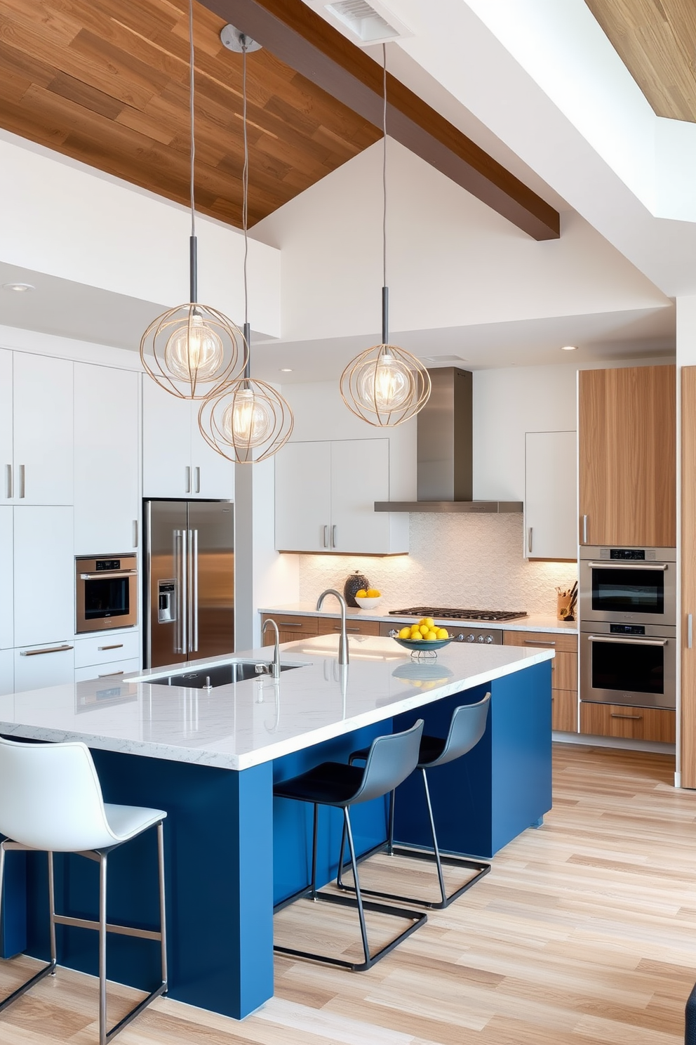 A sleek modern kitchen featuring a monochromatic color palette that emphasizes shades of gray and white. The cabinetry is a glossy white with minimalistic hardware, complemented by a large central island with a white quartz countertop. Stainless steel appliances seamlessly integrate into the design, enhancing the contemporary feel. Pendant lights with a matte black finish hang above the island, providing both illumination and style.