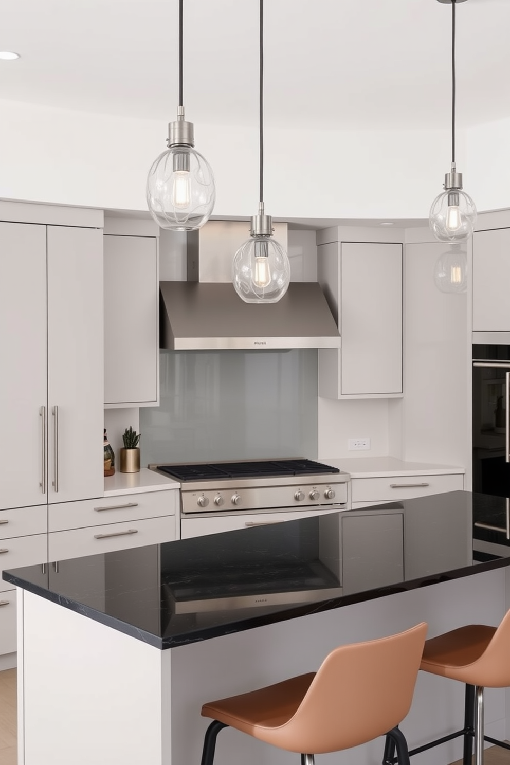 A stylish kitchen featuring a sleek range hood made of stainless steel that complements the minimalist cabinetry. The kitchen island is topped with a dark granite surface, surrounded by elegant bar stools in a contrasting color. The walls are adorned with a soft white hue, creating a bright and airy atmosphere. Decorative pendant lights hang above the island, adding warmth and character to the modern design.