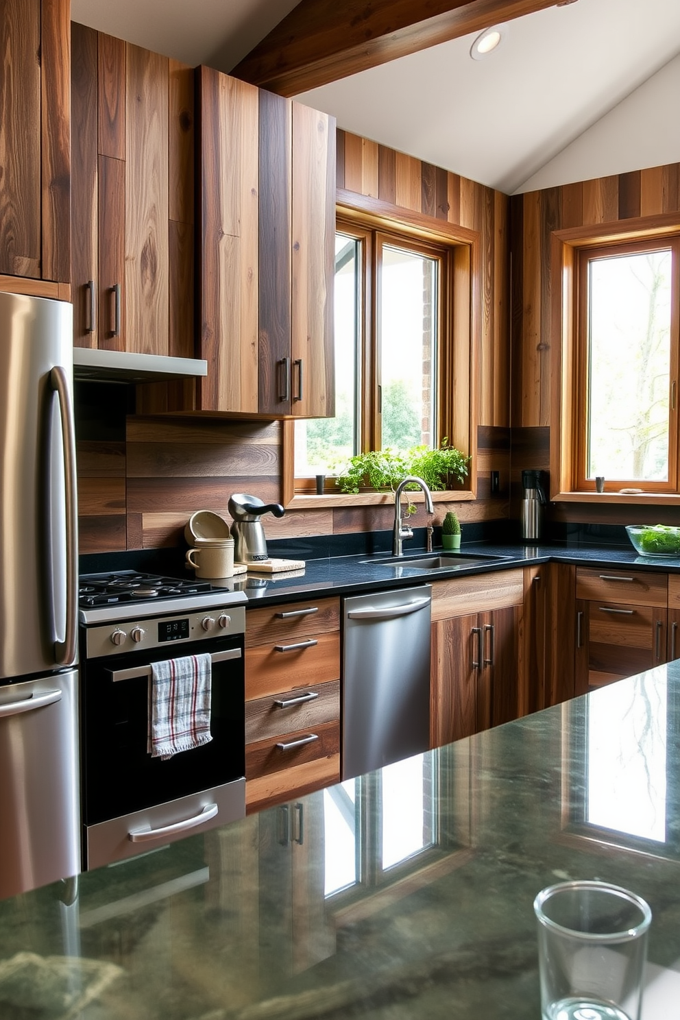 Functional kitchen island with built-in storage. The island features a sleek quartz countertop and ample cabinets for organization. Surrounding the island are high-backed stools with a contemporary design. The kitchen is adorned with stainless steel appliances and open shelving that showcases decorative dishware.