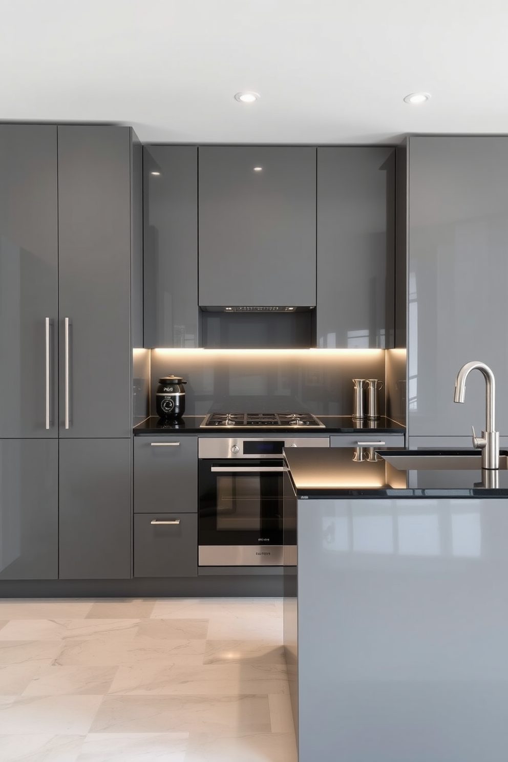 A modern kitchen featuring a monochromatic color scheme that exudes elegance. The cabinetry is sleek and glossy in shades of gray, complemented by a matching island with a minimalist design. Stainless steel appliances seamlessly blend into the cabinetry, enhancing the streamlined look. The countertops are a polished black stone, adding depth and sophistication to the overall aesthetic.