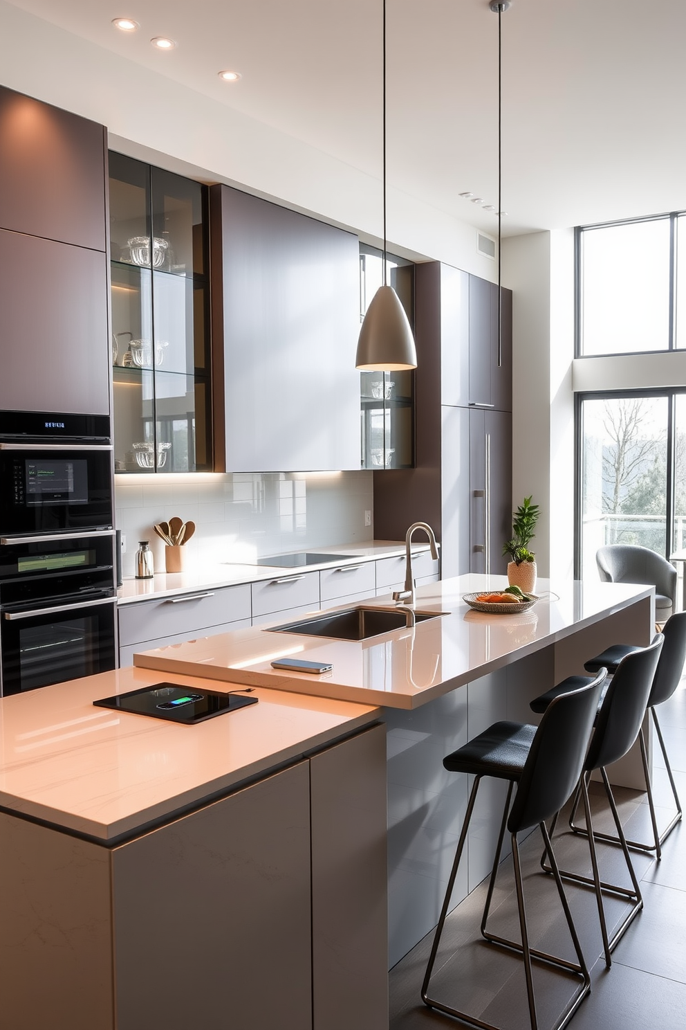 A modern kitchen featuring sleek cabinetry with integrated smart home technology. The space includes touch-activated faucets and appliances that can be controlled via a smartphone app. Natural light floods the room through large windows, highlighting the contemporary island with built-in charging ports. Stylish bar stools surround the island, creating a perfect spot for casual dining and socializing.