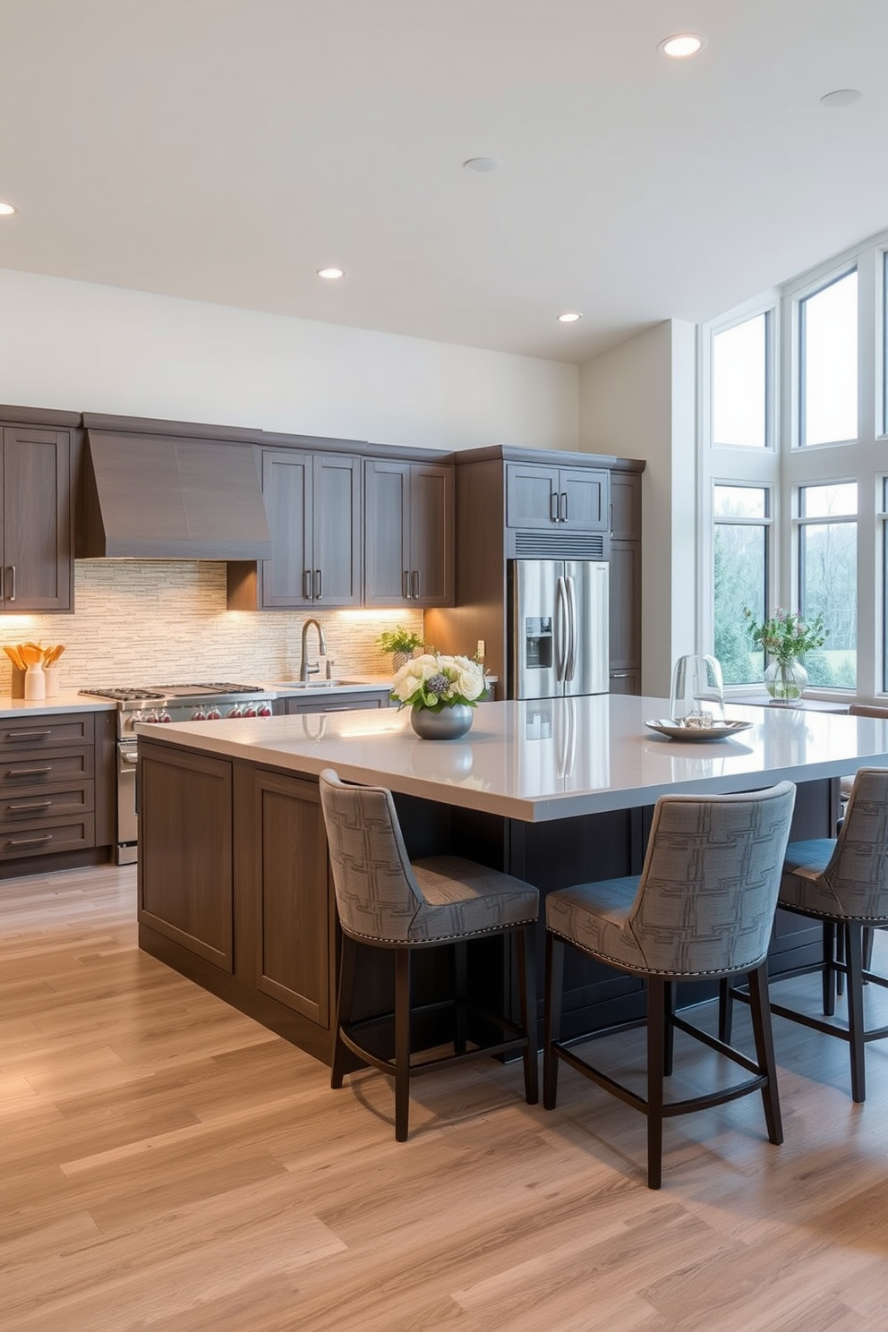 A large kitchen island with seating options features a smooth quartz countertop that extends over the edges for a sleek look. Surrounding the island are stylish bar stools with upholstered seats in a muted gray fabric, creating a cozy yet modern dining space. The kitchen design incorporates high-end stainless steel appliances seamlessly integrated into custom cabinetry. Soft under-cabinet lighting highlights the beautiful tile backsplash, while large windows allow natural light to flood the room, enhancing the inviting atmosphere.