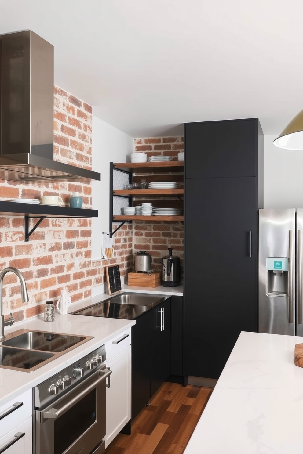 A modern kitchen featuring industrial accents with metal fixtures. The space includes exposed brick walls, sleek stainless steel appliances, and open shelving made of reclaimed wood.