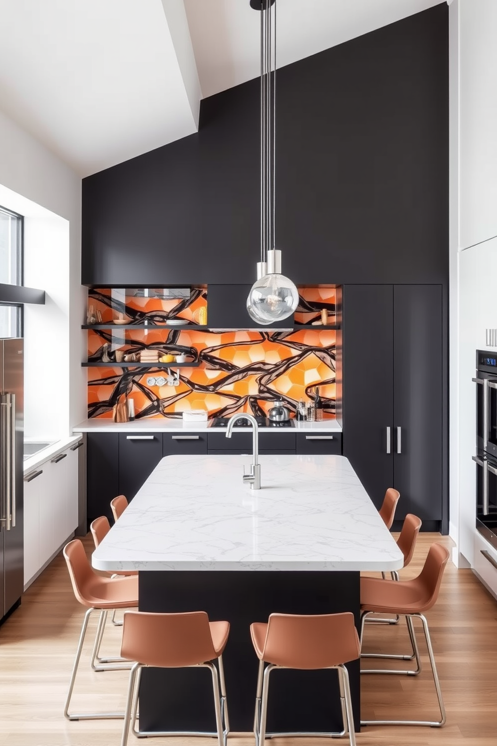 A modern kitchen featuring a bold backsplash that adds a vibrant splash of color to the space. The cabinetry is sleek and minimalist, with stainless steel appliances seamlessly integrated into the design. A large island with a quartz countertop serves as the centerpiece, surrounded by stylish bar stools. Pendant lights hang above the island, providing both illumination and an element of contemporary design.