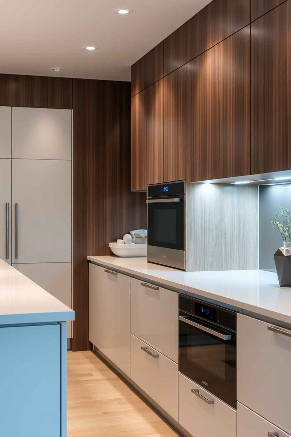 A modern kitchen featuring high contrast colors with sleek black cabinetry and bright white countertops. The space is accented with bold red appliances and stylish pendant lighting hanging above a large kitchen island. The walls are painted in a deep navy blue, providing a striking backdrop for the vibrant color scheme. Large windows allow natural light to flood the space, highlighting the contemporary design elements and creating an inviting atmosphere.