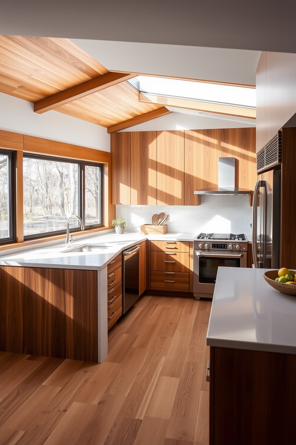 A modern kitchen design featuring natural wood tones creates a warm and inviting atmosphere. The cabinetry is made of rich oak, complemented by a sleek white marble island that serves as a focal point for the space. Large windows allow ample natural light to flood the area, enhancing the earthy tones of the wood. Stainless steel appliances add a contemporary touch while harmonizing with the overall aesthetic.