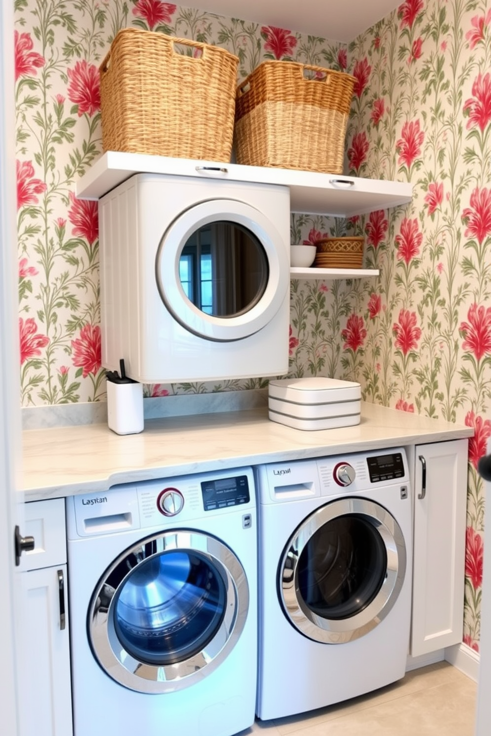 Bright colorful wallpaper adds personality to the space. The laundry room features a sleek white washer and dryer stacked for efficiency. A spacious countertop made of quartz provides ample space for folding clothes. Open shelving above the machines displays neatly organized laundry supplies and decorative baskets.