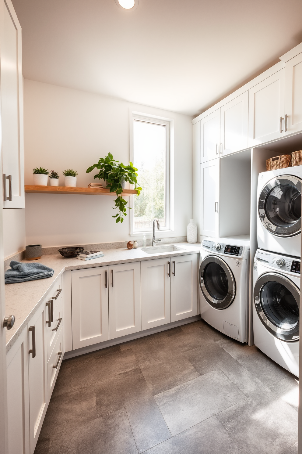 A modern laundry room features sleek cabinetry in a crisp white finish with minimalist handles. The space is illuminated by a striking statement light fixture that hangs elegantly from the ceiling, adding a touch of sophistication. The countertop is made of durable quartz, providing ample space for folding clothes and organizing laundry supplies. A stylish backsplash in a geometric pattern enhances the contemporary aesthetic, while a vibrant potted plant brings a refreshing pop of color to the room.