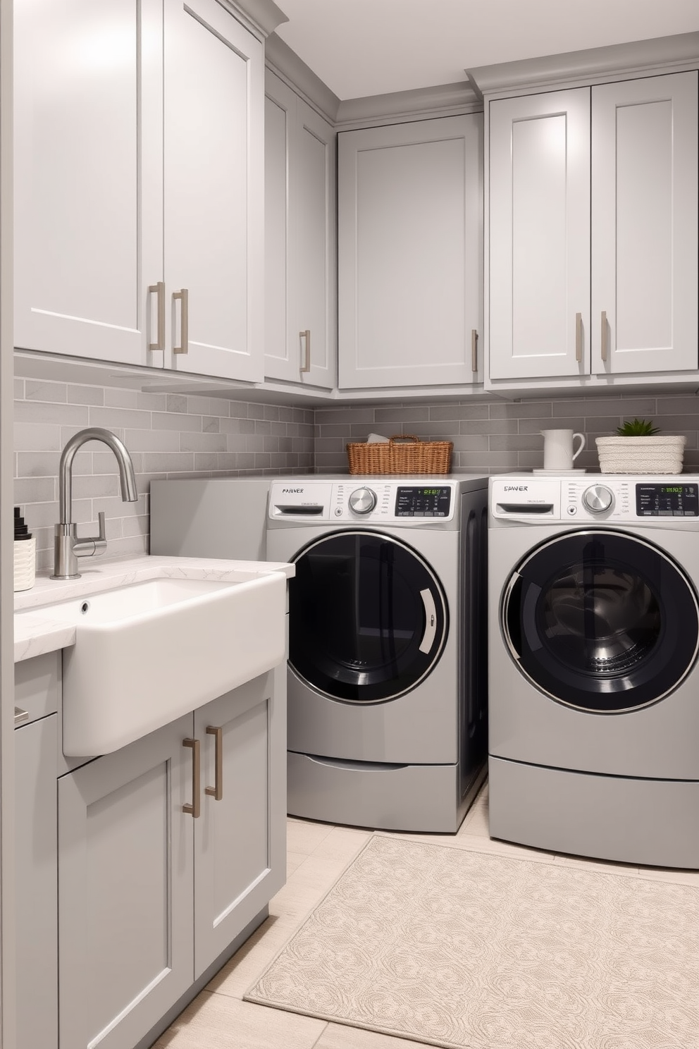 A modern laundry room featuring sleek cabinetry in a soft gray finish. A large farmhouse sink is positioned next to a stylish washer and dryer, with a chic rug placed underneath for warmth and comfort.