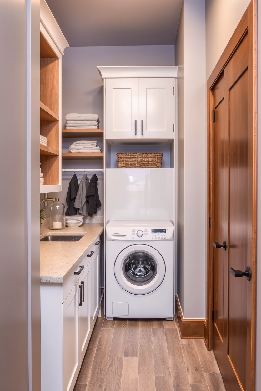 A modern laundry room features a built-in ironing board station seamlessly integrated into the cabinetry. The space is bright and airy with white cabinets, a sleek countertop, and stylish tile flooring. Natural light floods the room through a large window, enhancing the clean aesthetic. Decorative baskets and neatly organized shelves add both functionality and charm to the overall design.