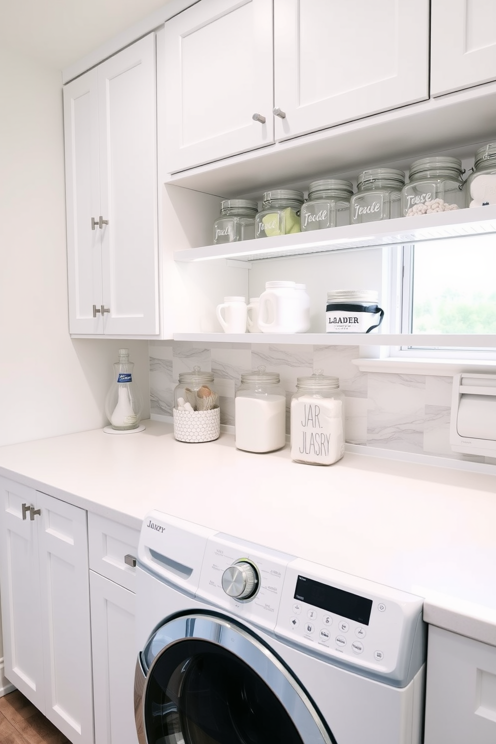 A modern laundry room featuring glass jars for displaying laundry supplies. The space is bright and airy with white cabinetry and a sleek countertop, complemented by a stylish backsplash.