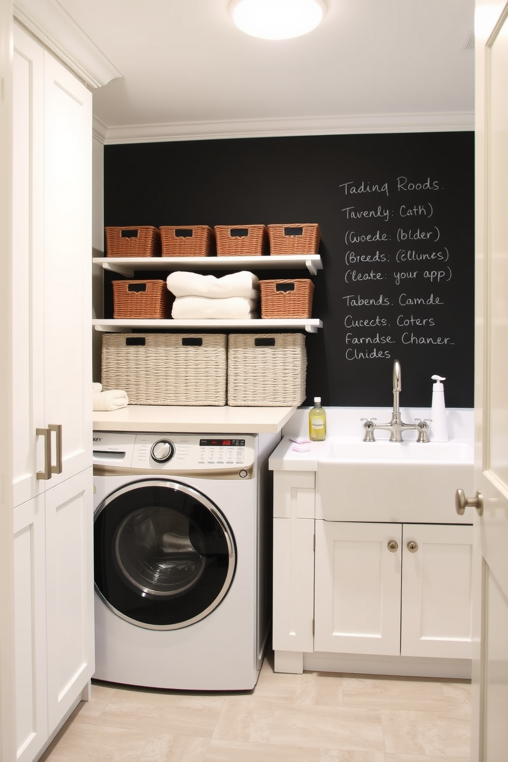 A modern laundry room features a sleek design with white cabinetry and a large farmhouse sink. The room includes a chalkboard wall for reminders, providing a functional and stylish touch to the space. The washer and dryer are stacked to maximize floor space, while a countertop above offers ample room for folding clothes. Bright lighting illuminates the area, complemented by decorative storage baskets for organization.