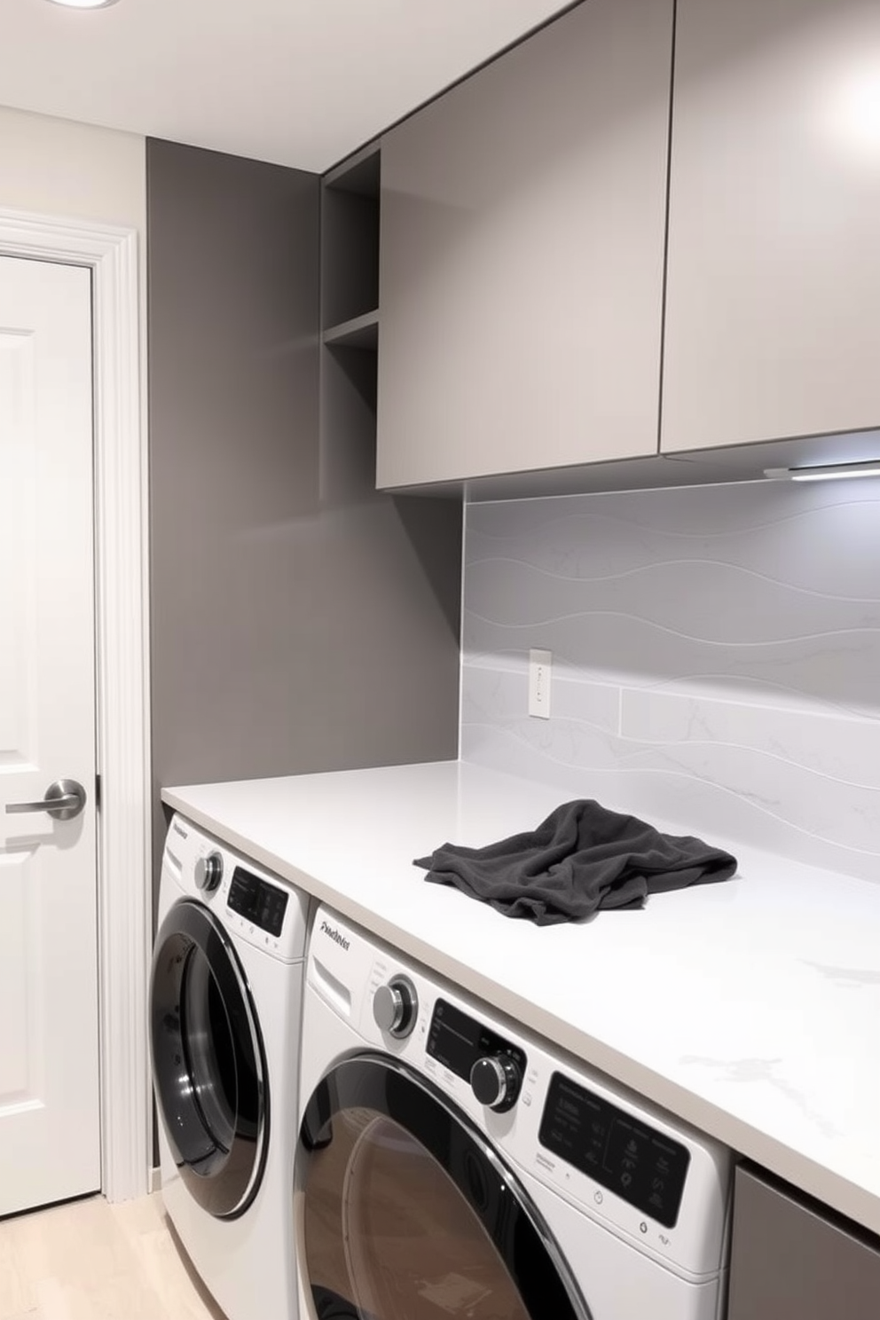 A modern laundry room featuring clear jars for displaying laundry supplies. The space is bright and airy, with white cabinetry and a sleek countertop that complements the organized jars.