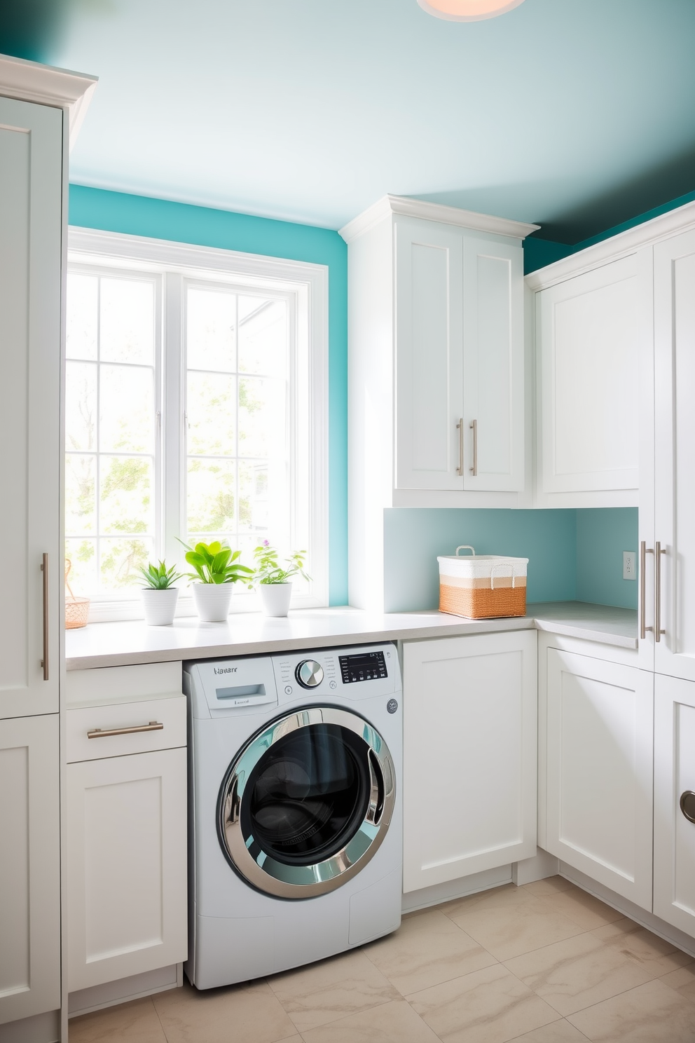 A modern laundry room featuring a pegboard wall for functional art and organization. The pegboard is adorned with various hooks and shelves to hold cleaning supplies and tools, creating a stylish yet practical space.