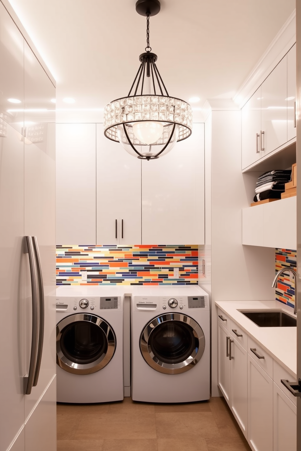 A modern laundry room featuring a statement light fixture that adds drama to the space. The room is equipped with sleek cabinetry in a crisp white finish, complemented by a bold, colorful backsplash that adds personality.