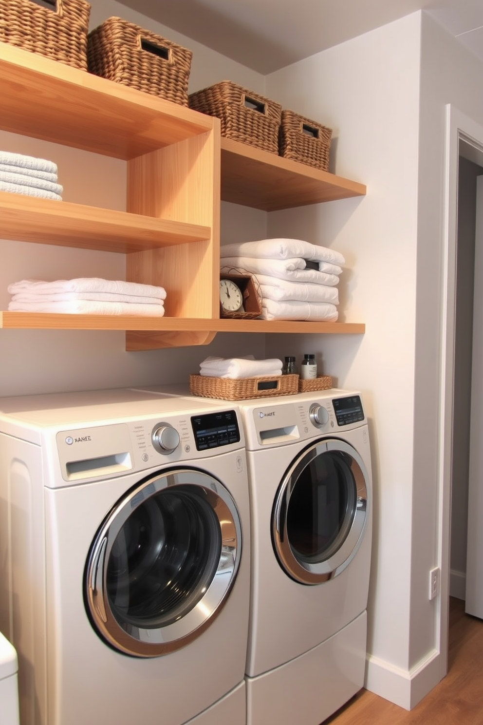 A modern laundry room features a bold accent wall adorned with striking geometric patterns in vibrant colors. The space is equipped with sleek, energy-efficient appliances and ample storage solutions to keep everything organized.