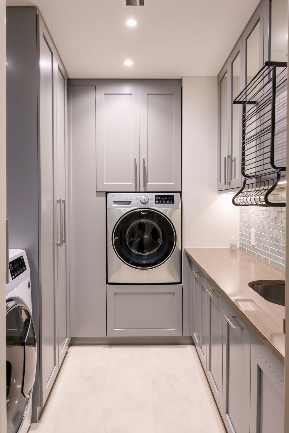 A modern laundry room featuring a sleek pet washing station integrated into the cabinetry. The station includes a deep basin with a retractable showerhead and stylish storage for pet supplies. Bright white cabinets line the walls, complemented by a durable gray countertop. A cheerful backsplash of colorful tiles adds a pop of personality to the space.