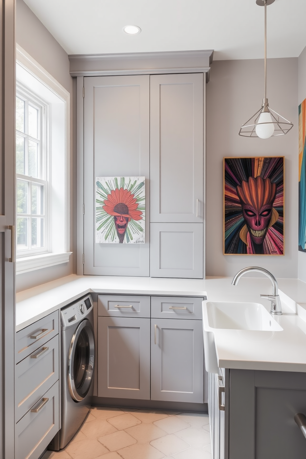 A modern laundry room featuring sleek cabinetry in a soft gray finish with brushed nickel handles. The space includes a large farmhouse sink and a countertop made of white quartz, providing ample workspace. The walls are adorned with vibrant wall art that adds a pop of color and visual interest. A stylish drying rack is mounted on one wall, while a large window allows natural light to flood the room.