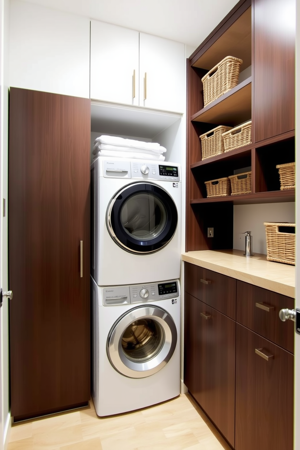 A modern laundry room featuring sleek cabinetry in a soft gray tone with a white quartz countertop. The space includes a stylish area rug in a geometric pattern, adding comfort and warmth to the room. Stacked washer and dryer units are seamlessly integrated into the cabinetry, with open shelving above for storage and organization. A large window allows natural light to flood the room, enhancing the bright and airy feel.