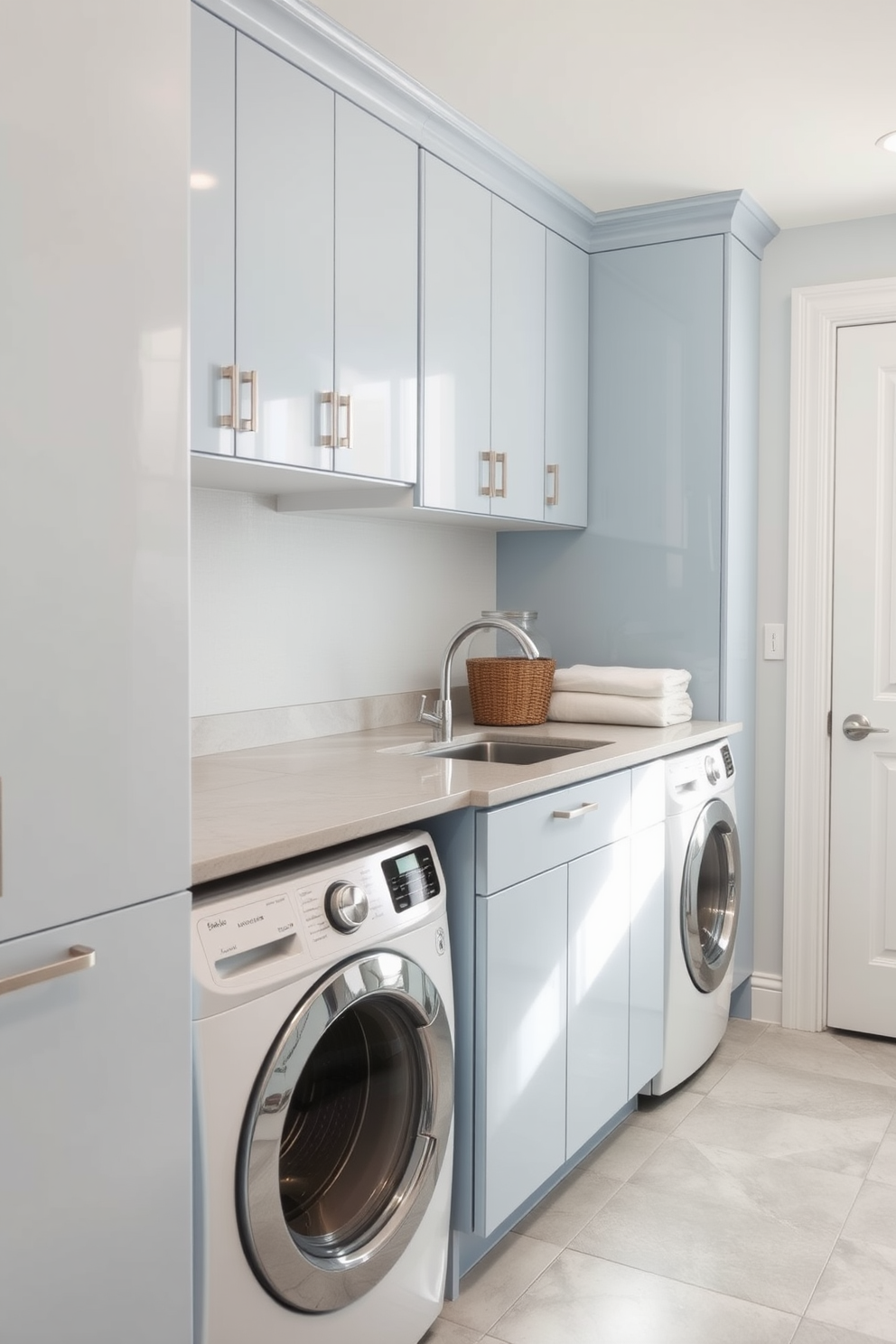 A serene laundry room designed with soft blues and whites creates a tranquil atmosphere. The cabinetry is sleek and minimalistic, featuring a glossy finish that reflects light beautifully. A spacious countertop made of quartz provides ample workspace for sorting and folding laundry. The floor is adorned with light gray tiles that are both stylish and easy to clean.