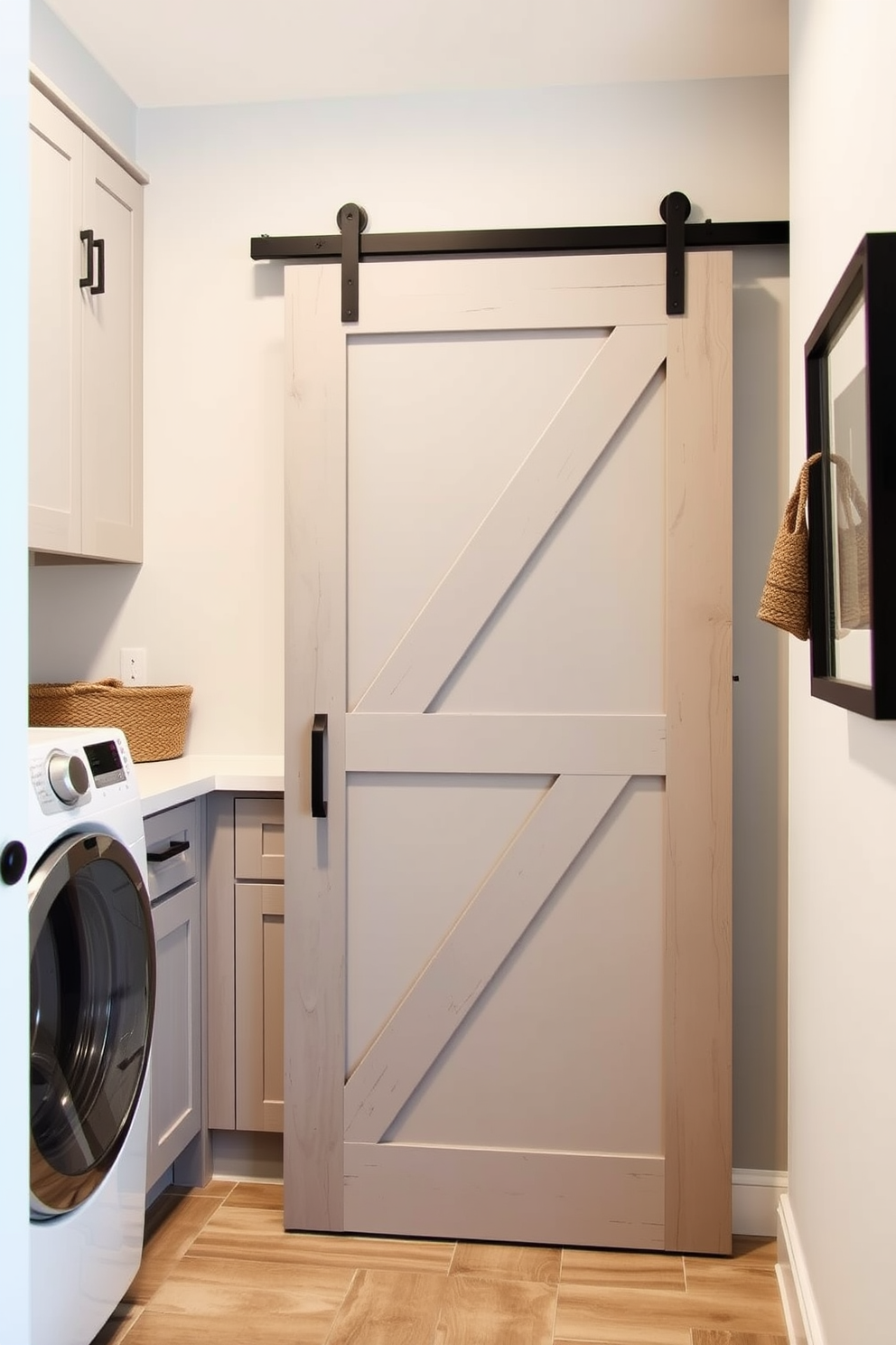 A modern laundry room featuring a sliding barn door that adds a touch of rustic charm. The space includes sleek cabinetry in a soft gray finish with ample storage and a countertop for folding clothes.