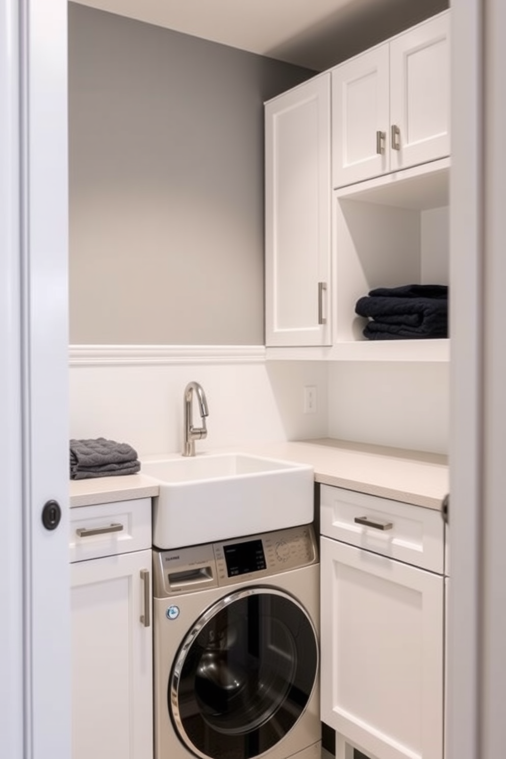 A modern laundry room features a sleek utility sink installed in a stylish cabinet with ample storage space. The walls are painted in a soft gray tone, complemented by bright white cabinetry and a durable countertop for folding clothes.