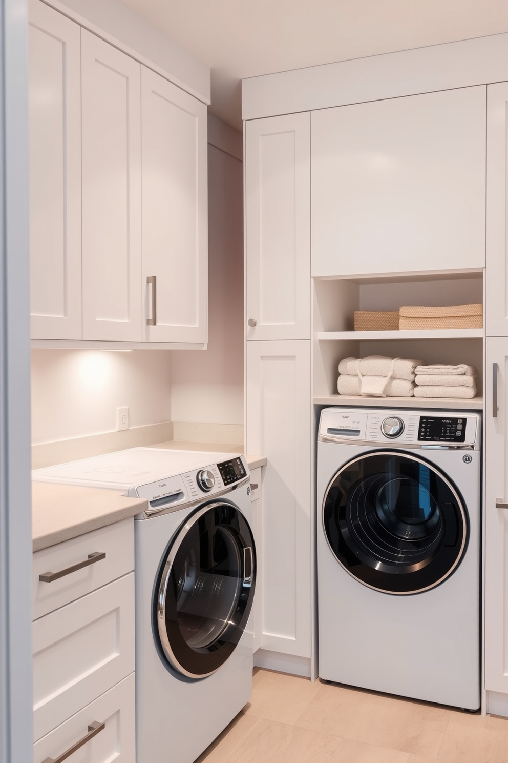 A modern laundry room features sleek cabinetry in a soft gray finish with a large countertop for folding clothes. The space includes a hidden trash bin integrated into the cabinetry for convenience and a stylish backsplash of white subway tiles. In the center, a pair of front-loading washing machines sit side by side, flanked by open shelves displaying neatly organized laundry essentials. A large window allows natural light to illuminate the room, creating an inviting atmosphere.