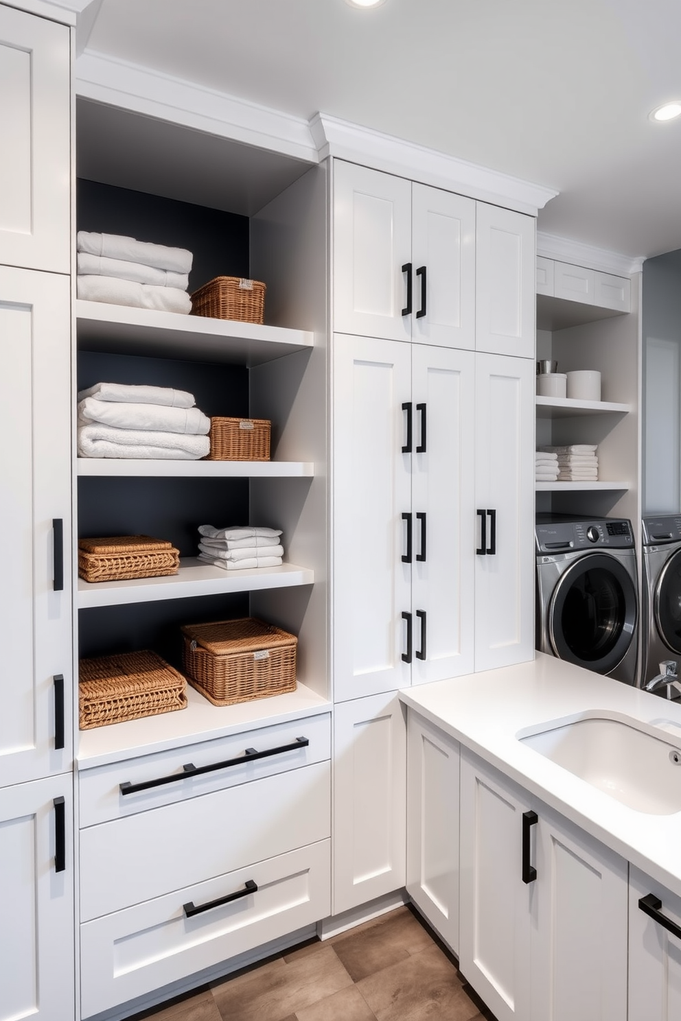 A modern laundry room features a sleek combination of open and closed storage solutions. The cabinetry is a crisp white with matte black hardware, providing a clean and contemporary look. On one side, open shelving displays neatly folded towels and decorative baskets, while the opposite side has closed cabinets for storing laundry supplies out of sight. A large countertop stretches across the room, ideal for folding clothes, with a stylish sink integrated into the design.