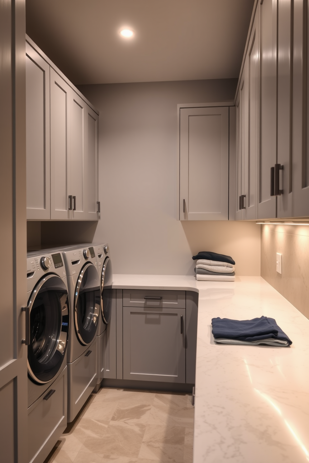 A modern laundry room features open shelving made of sleek wood, providing easy access to frequently used items. The walls are painted in a soft gray, and the floor is adorned with large white tiles that enhance the bright and airy feel of the space.