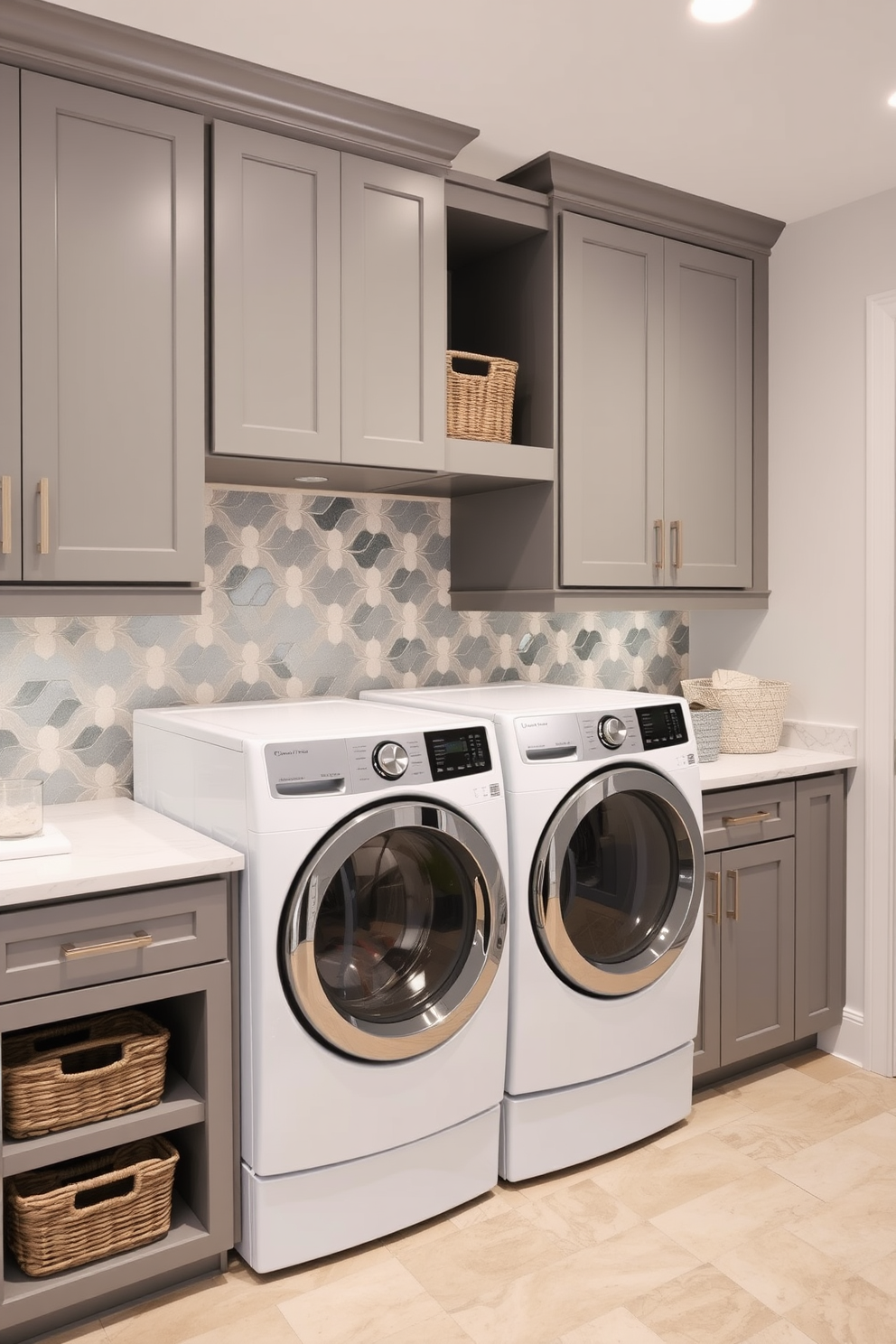 A modern laundry room featuring energy-efficient appliances that blend seamlessly into the design. The space includes a sleek washer and dryer set with a minimalist aesthetic, complemented by ample storage solutions. Natural light floods the room through a large window, illuminating the soft color palette of whites and grays. A stylish countertop provides space for folding laundry, while decorative baskets add a touch of warmth and organization.